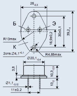 Габаритные размеры и расположение выводов транзисторов 2Т825А, 2Т825Б, 2Т825В, КТ825Г, КТ825Д, КТ825Е
