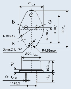 Габаритные размеры и расположение выводов транзисторов 2Т818А, 2Т818Б, 2Т818В, КТ818АМ, КТ818БМ, КТ818ВМ, КТ818ГМ