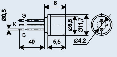 Габаритные размеры и расположение выводов транзисторов 2Т603А, 2Т603Б, 2Т603В, 2Т603Г, 2Т603И, КТ603А, КТ603Б, КТ603В, КТ603Г, КТ603Д, КТ603Е, КТ603И