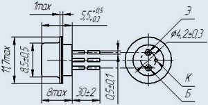 Габаритные размеры и расположение выводов транзисторов 2Т608А, 2Т608Б, КТ608А, КТ608Б