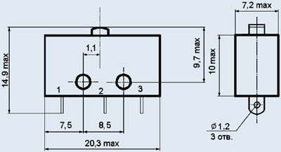 Габаритные и установочные размеры микропереключателей МП9, МП11